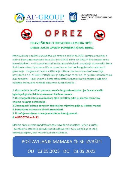 Počinje Deratizacija Javnih Površina u Bihaću