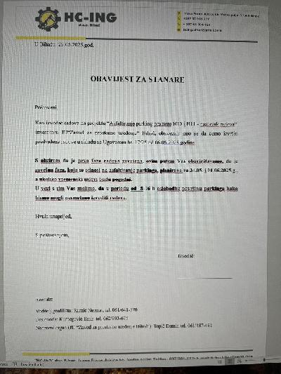 Obavijest za stanare – završni radovi na asfaltiranju parking prostora H10 i H11