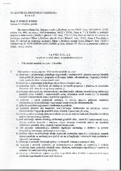 J A V N I  O G L A S za prijem u radni odnos na neodređeno vrijeme