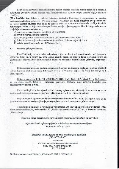 J A V N I  O G L A S za prijem u radni odnos na neodređeno vrijeme