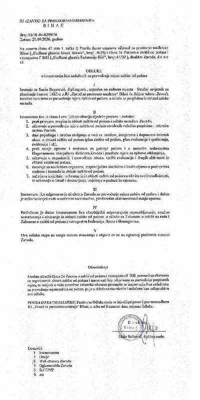 ODLUKU o imenovanju lica zaduženih za provođenje mjere zaštite od požara