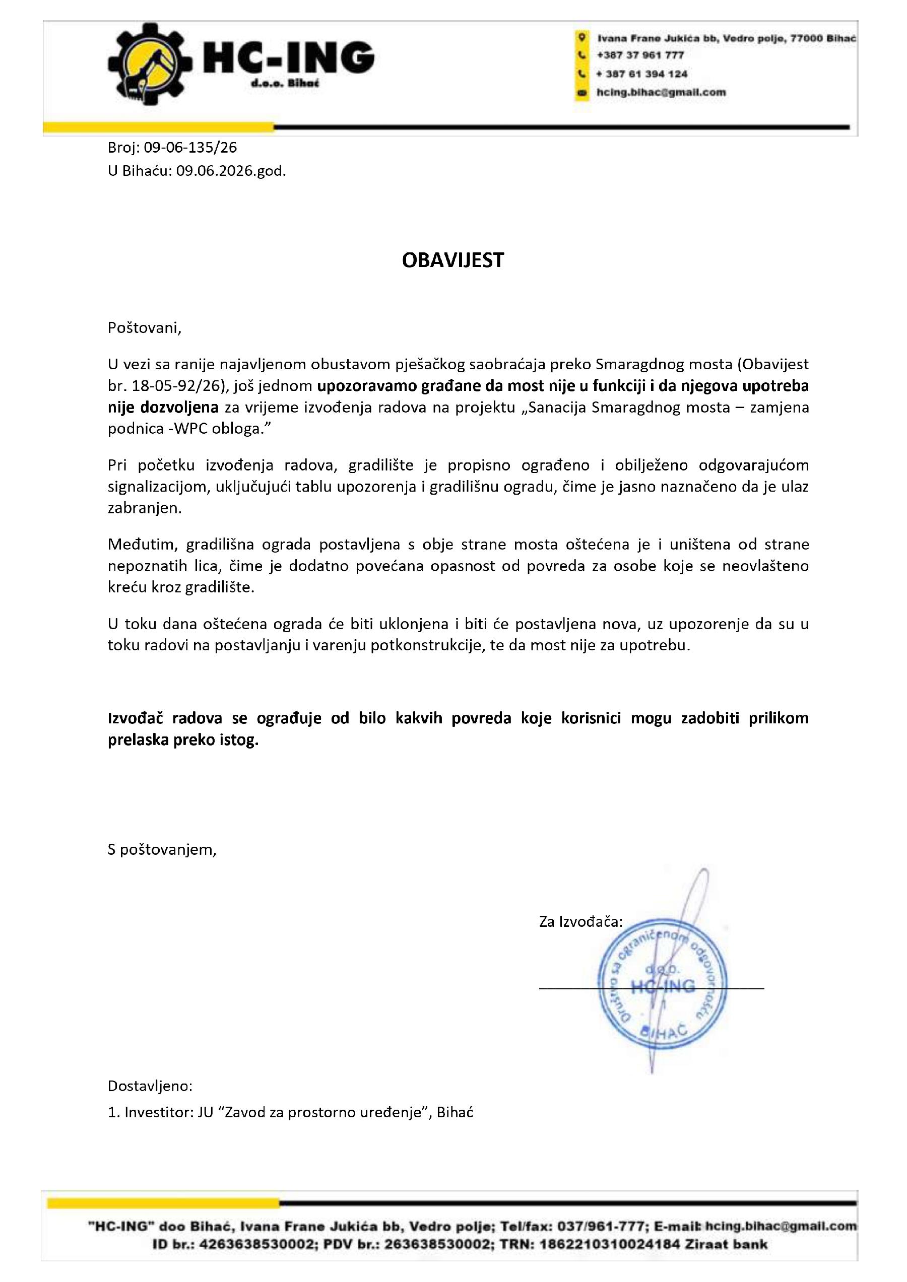 OBAVIJEST O ZABRANI KRETANJA PREKO SMARAGDNOG MOSTA TOKOM IZVOĐENJA RADOVA
