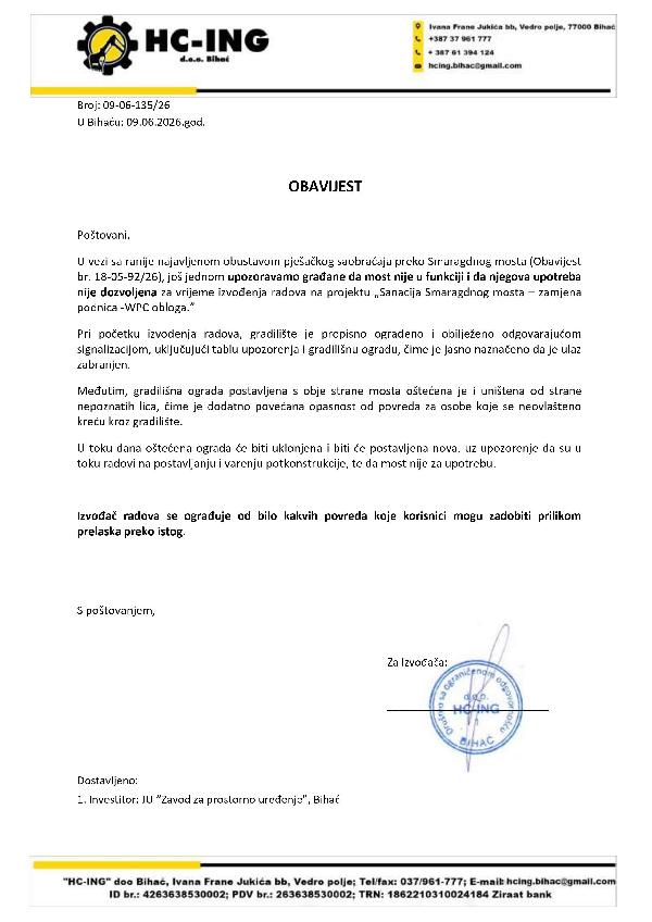 OBAVIJEST O ZABRANI KRETANJA PREKO SMARAGDNOG MOSTA TOKOM IZVOĐENJA RADOVA